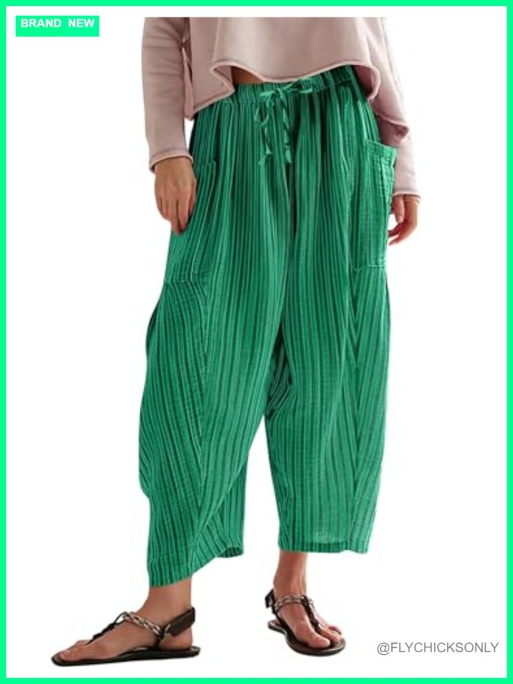 Striped Harem Pants Wide Leg Drawstring Cotton Palazzo Trousers